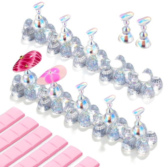 Nail Stand: Clear Nail Holder for Painting Nails DIY, Magnetic Press on Stand for Art Display Practice, Clear Glitter Flower Fake Holder for Home Salon with Reusable Adhesive Putty