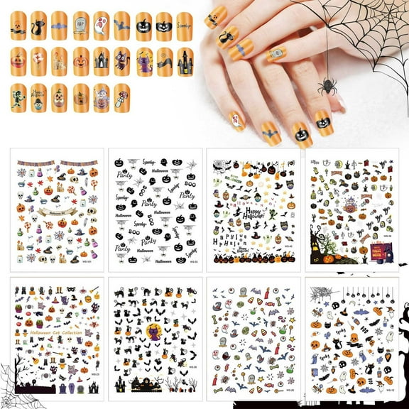 Nail Stickers Halloween Nail Decals Self DIY Tips Stencil 8 Sheets for Halloween Party Designs Featuring Pumpkin Bat Witch