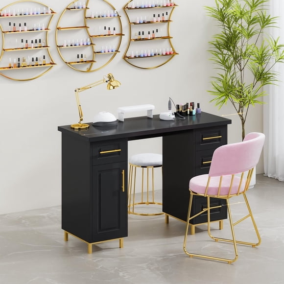 Nail Tech Desk, 43 Inch Black & Gold Wooden Manicure Table with 5 Drawers & Storage Cabinet, Professional Nail Station for Salon & Home