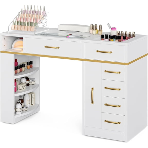 Nail Tech Table with Dust Collector, Glass Top Manicure Desk Station with Drawers & 3-Tiers Open Shelves, Beauty Workstation(White)