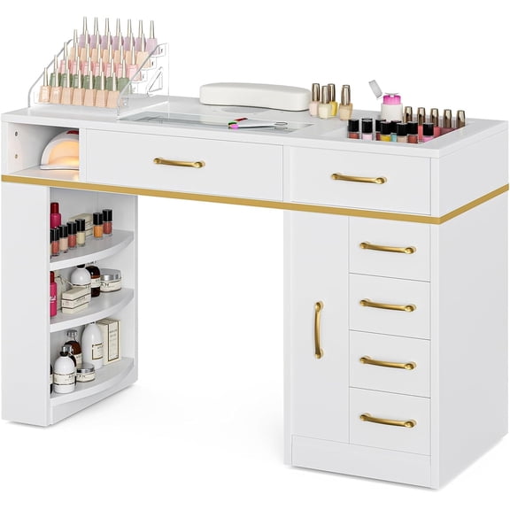 Nail Tech Table with Dust Collector, Glass Top Manicure Table Nail Desk Station w/7 Drawers & 3-Tiers Open Shelves, Nail Beauty Workstation w/Wrist Cushion & Golden Handles(Marble Color)