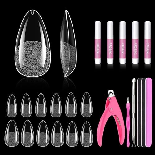 Nail Tips Set, 12 Sizes 480Pcs Nail Tips Almond Shape with Glue, Clipper, File, Buffer, Scraper, Cuticle Knife for Salons and Home Diy
