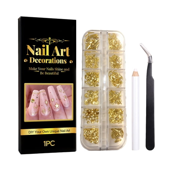 Nail Tools,Cheap Nail Stuff,Colorful Nail Accessories Set Gold Nail Accessories Multi Shape Nail Decoration DIY Tool,Nail Kit for Beginners,Nail Practice Kit(Gold)