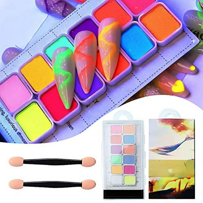 Nail Watercolor Paint Set,12 Colors Shimmer Solid Watercolor for  Nails,Metallic Nail Color Powder,Metallic Powder for Nails (Fluorescent) 