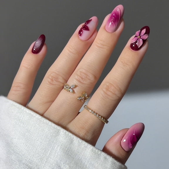Nail art piece Wear nail cross-border long almond nail 3D three-dimensional flower rose red smudged corrugated fake nail sticker