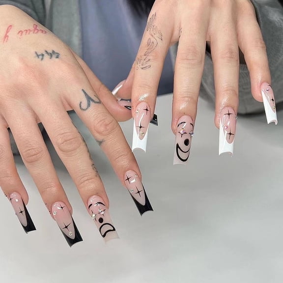 Nail art wholesale wearing nail, French black edge cartoon face nail patch starlight rhinestone wearing nail finished product