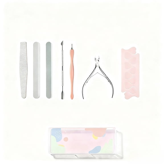 COREBAY-Nail cae we sets, Including sponge strips, Shaping strips, Polishing strips, Steel pusher, Dead skin pick, Dead skin clipper, Toe divider, Storage box, Basic care set (8-piece set)