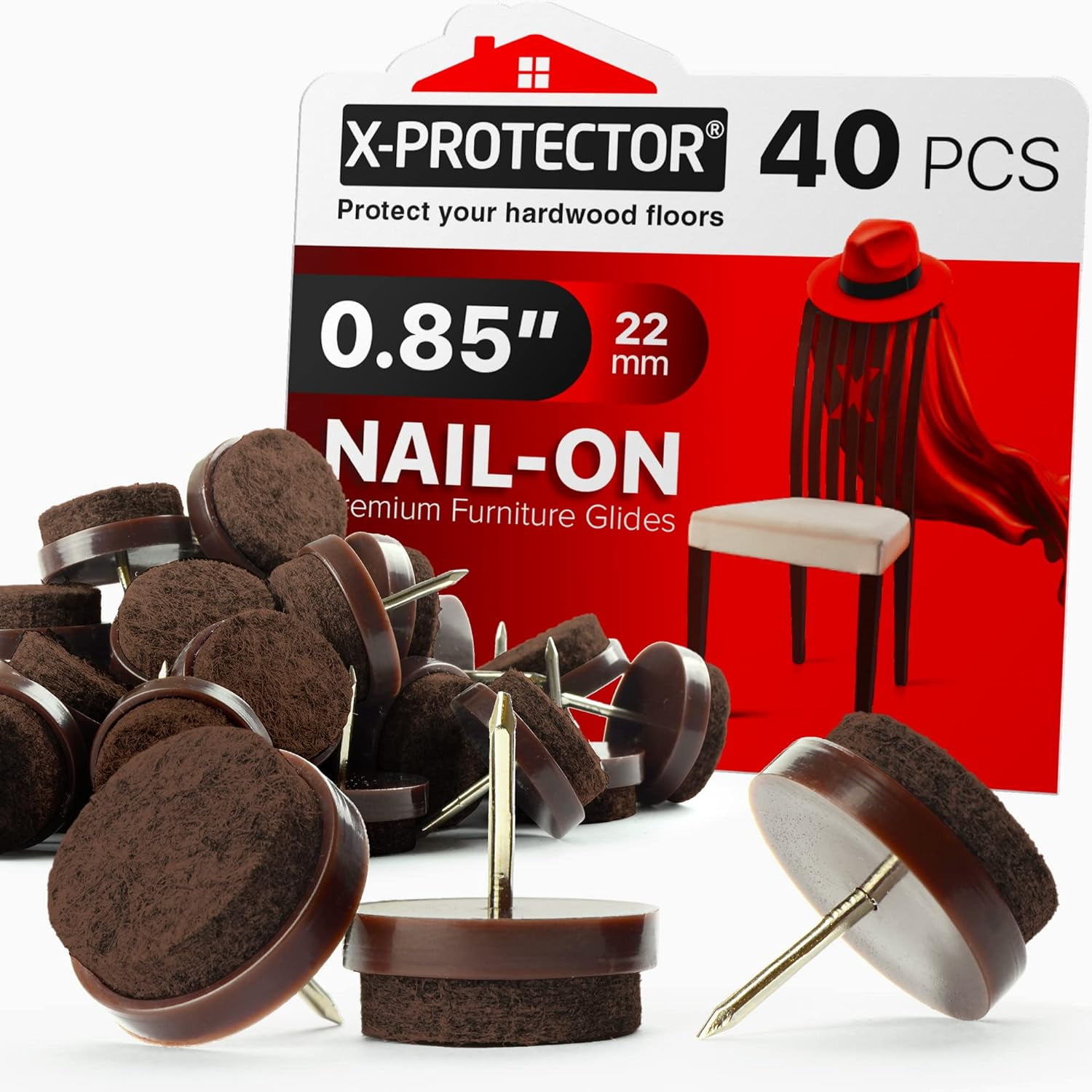 Nail-on Felt Pads 40 PCS - 0.85" Felt Furniture Pads - Brown Chair Leg Floor Protectors - Nail in Furniture Pads for Furniture Legs - The Best Felt Chair Pads for Hardwood Floors (22mm)!