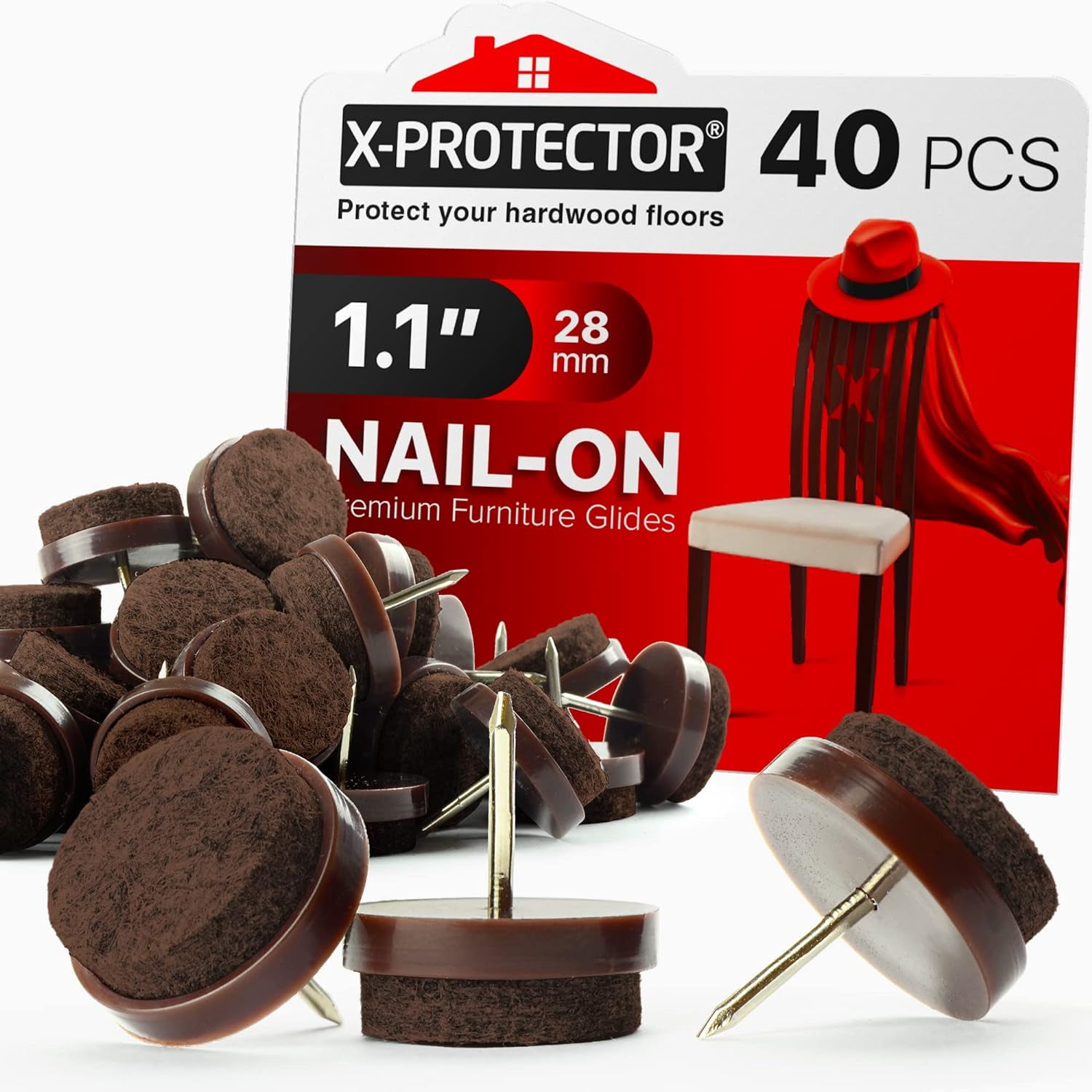 Nail-on Felt Pads 40 PCS - 1.1" Felt Furniture Pads - Brown Chair Leg Floor Protectors - Nail in Furniture Pads for Furniture Legs - The Best Felt Chair Pads for Hardwood Floors (28mm)!