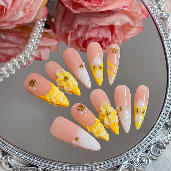 Nail Fairy Sunny Yellow Floral Summer Press-On Nails Handmade Almond Tips with Fresh Bloom Details, Sweet & Vibrant Beach-Inspired Nail Design