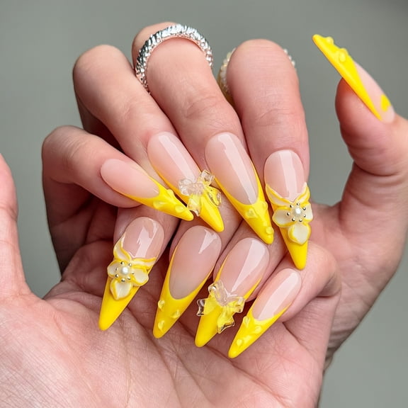 Nail Fairy  Handmade Press-On Nails – Adorable Yellow Love & Bow Design – Almond Shape, Custom-Made, Reusable with Free Application Kit Included