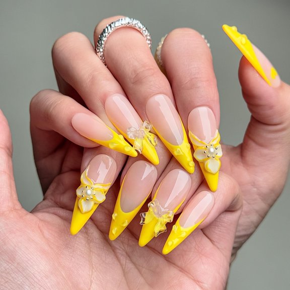Nail Fairy  Handmade Press-On Nails – Adorable Yellow Love & Bow Design – Almond Shape, Custom-Made, Reusable with Free Application Kit Included