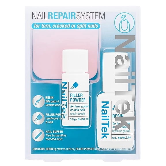 Nail Tek 3-Piece Nail Repair Kit with Resin, Filler Powder, and Buffer for Cracked and Damaged Nails