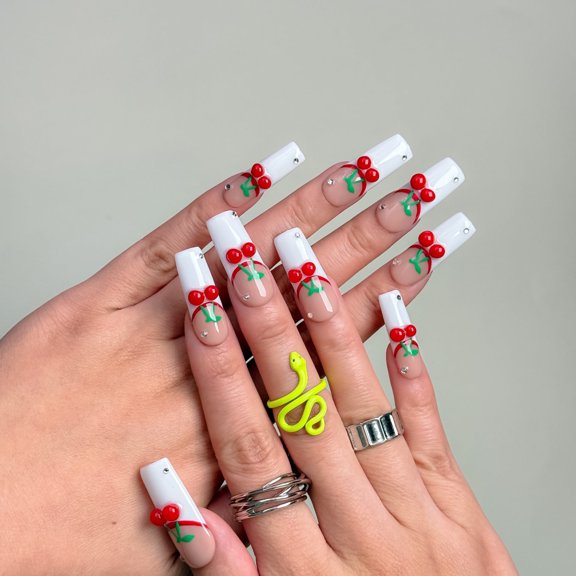 Nail Fairy  Handmade Press-On Nails – Adorable Cherry Dreamland Design – Square Shape, Custom-Made, Reusable with Free Application Kit Included