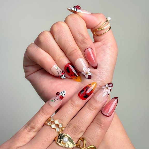 Nail Fairy  Handmade Press-On Nails – Adorable Cherry Phantom Design, Reusable with Free Application Kit Include