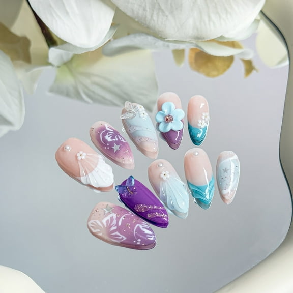 Nail Fairy  Handmade Press-On Nails – Almond Shape with Shell, Butterfly, Floral & Star Design, Reusable with Free Application Kit Included