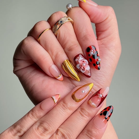 Nail Fairy  Handmade Press-On Nails –  Elegant Ladybug & Pearl Embellished Design with Gold Edging, Reusable with Free Application Kit Included