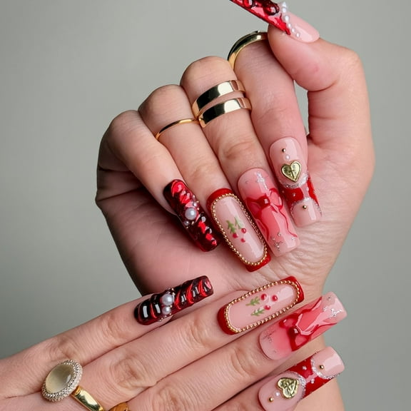 Nail Fairy  Handmade Press-On Nails – Exquisite Cherry & Bowknot Design in Red and Nude – Custom-Made, Reusable with Free Application Kit Included