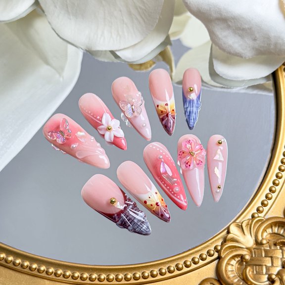 Nail Fairy  Handmade Press-On Nails – Luxurious Pink Gradient with Flower Language Design, Reusable with Free Application Kit Included