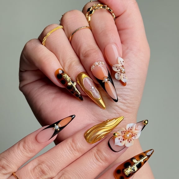 Nail Fairy Handmade Press-On Nails – Luxury Elegant Gold & Floral Motifs with Leopard Accents – Custom-Made, Reusable with Free Application Kit Included
