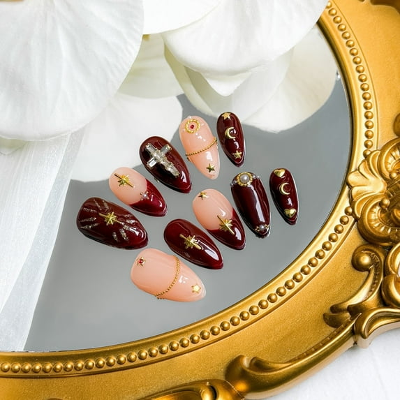 Nail Fairy  Handmade Press-On Nails – Maroon Nude Style with Star Cross Charms – Elegant Red Queen-Inspired Design – Reusable with Free Application Kit Included