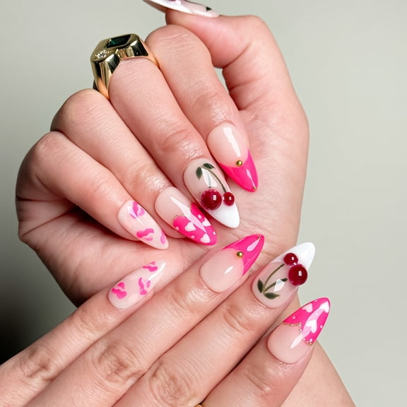 Nail Fairy  Handmade Press-On Nails– Pink Cherry Red Lips with French Tip & Heart Design – Custom-Made, Reusable with Free Application Kit Included