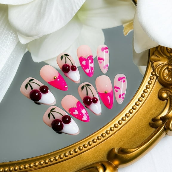 Nail Fairy  Handmade Press-On Nails– Pink Cherry Red Lips with French Tip & Heart Design – Custom-Made, Reusable with Free Application Kit Included