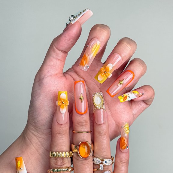 Nailfairy Handmade Press-On Nails – Square Shape Nail with Gorgeous Warm-Toned Floral & Crown Design, Reusable with Free Application Kit Included