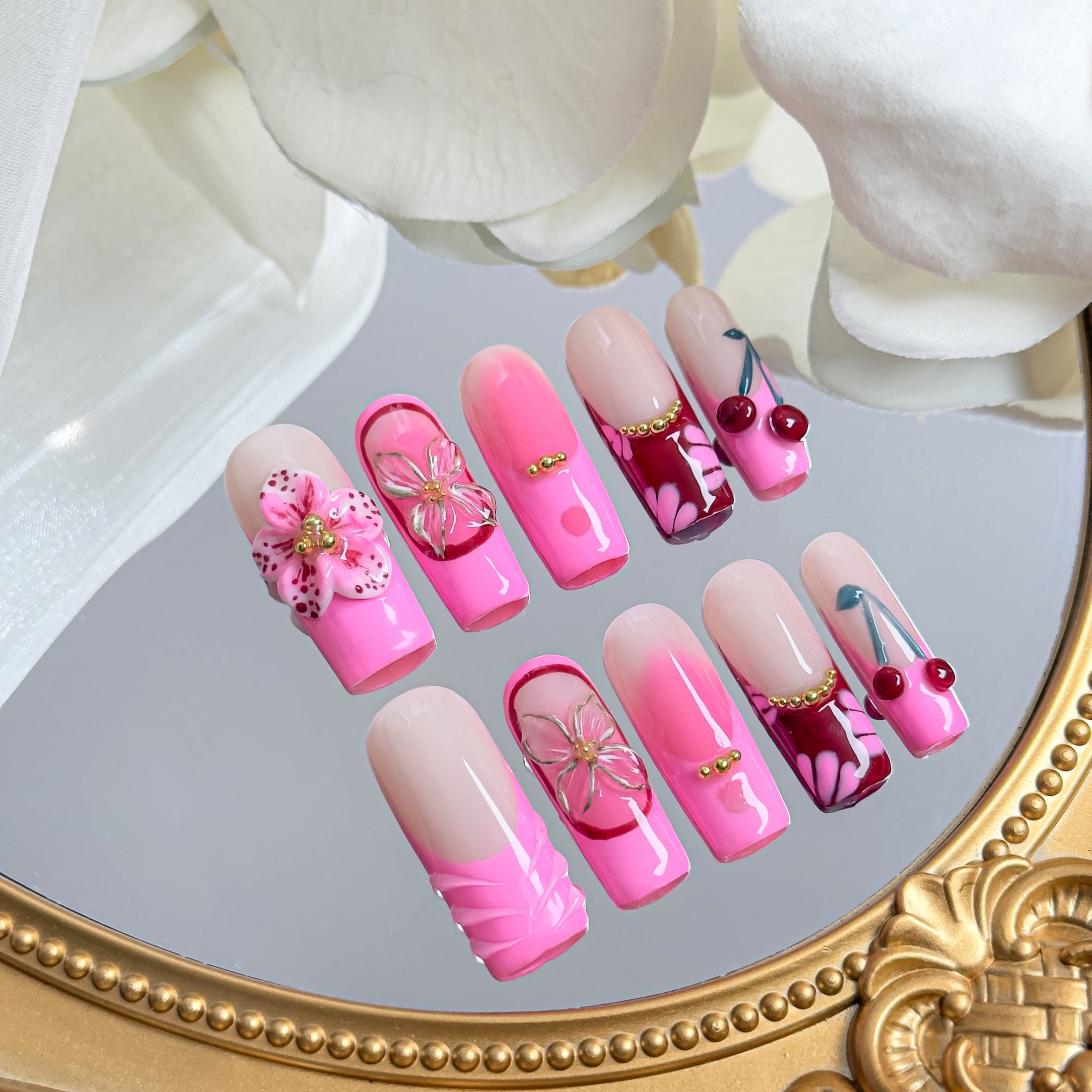 Nailfairy Handmade Press-On Nails | Square Shape Sparkling Galaxy Pink Gradient Design, Reusable with Free Application Kit Included—Medium