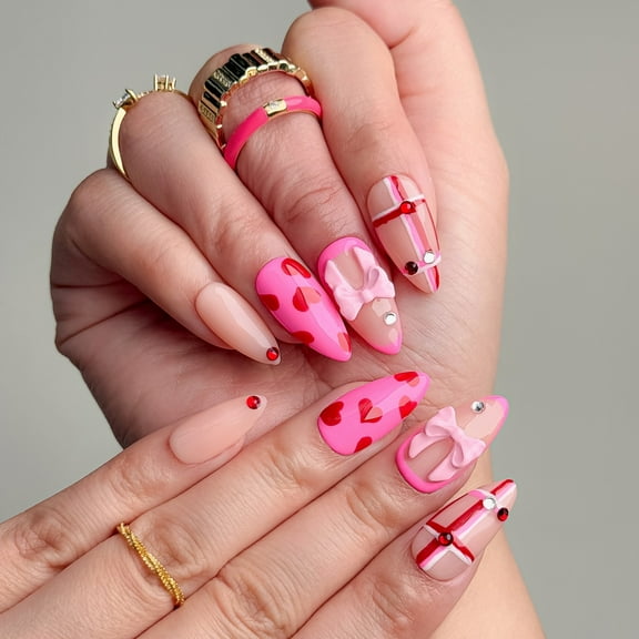 Nail Fairy Handmade Press-On Nails – Sweet Pink with Heart & Bow Design – Custom-Made, Reusable with Free Application Kit Included