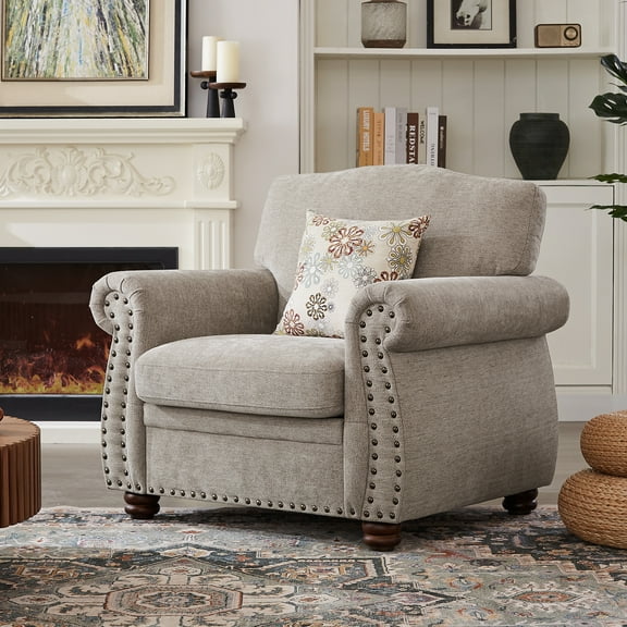Nailhead Trim Armchair, Rolled Arm Accent Chair for Living Room, Beige