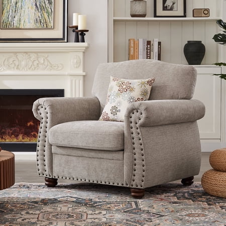 ROGALIS Nailhead Trim Armchair, Rolled Arm Accent Chair for Living Room, Beige