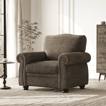 Nailhead Trim Armchair, Rolled Arm Accent Chair for Living Room, Brown
