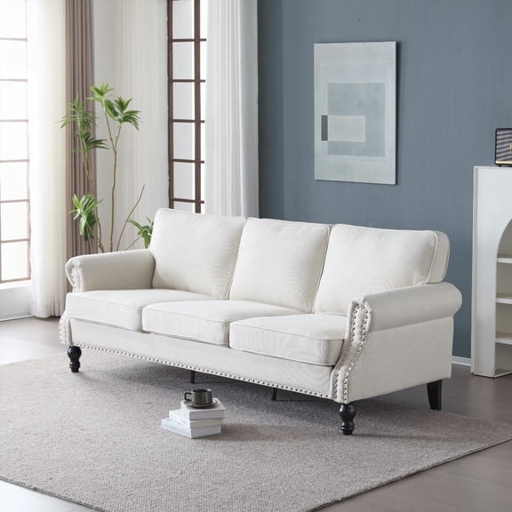 Nailhead Trim Living Room Sofa, 22" Deep Seat, Rolled Arms, Faux Leather, 3 Seater with Wooden Legs, 900 lbs Weight Capacity