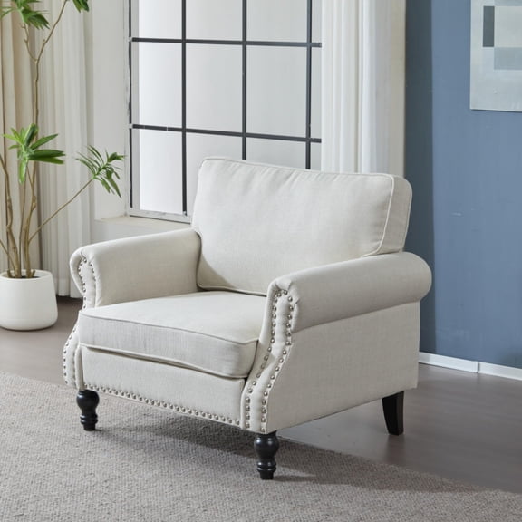 Nailhead Trim Living Room Sofa with Rolled arms, Linen-Textured Upholstery, Pocket-Spring seat Cushions, Supportive Coil core, Plush Back Pillows, Solid Wood and Iron Frame (Armchair)