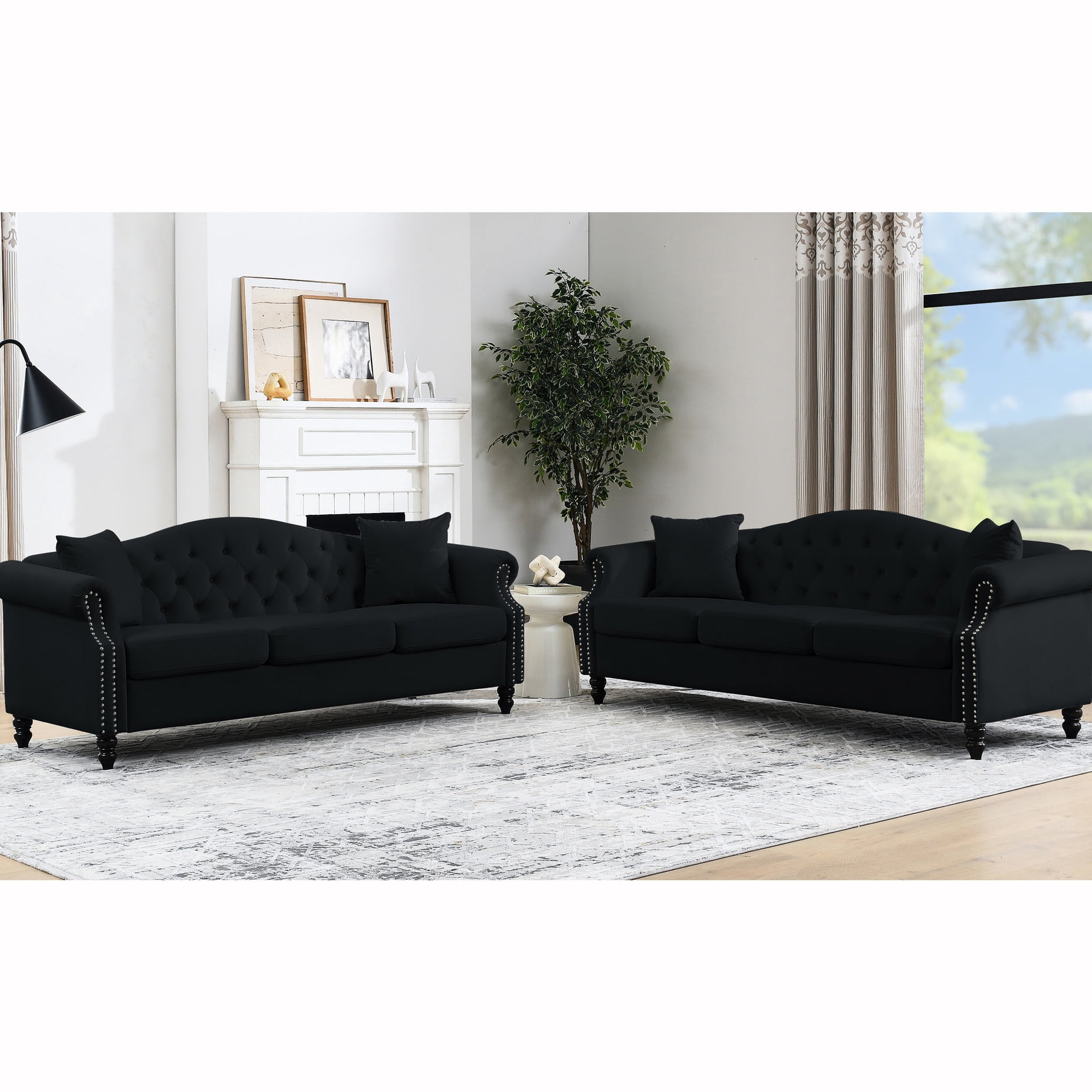 Nailhead - Trimmed 3 Seater Black Velvet Chesterfield Sofa - Create a ...