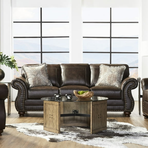 Nailhead Trimmed Faux Leather For 3 Seats, Transitional Appeal Upholstered 3, With Lustrous Trim,