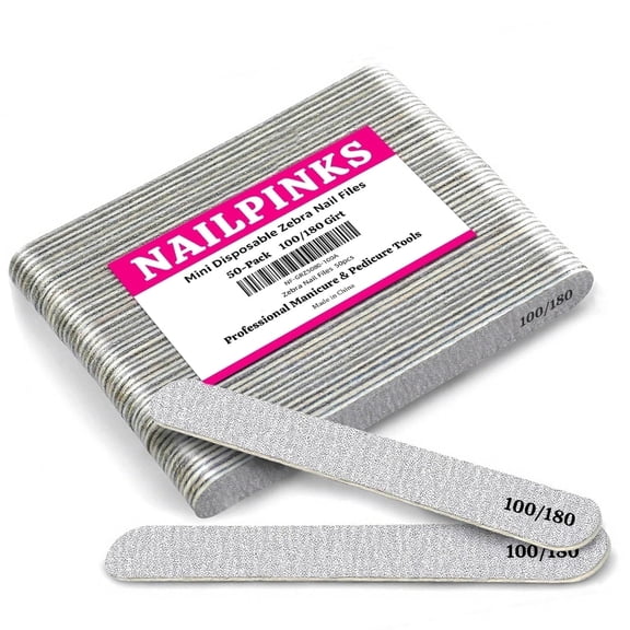 Nailpinks, Disposable Gray Zebra Nail Files - 100/180 Grit Double Sided, 5 Inch Salon-Grade, for Manicure /Pedicure, Hygienic for Salon & Home