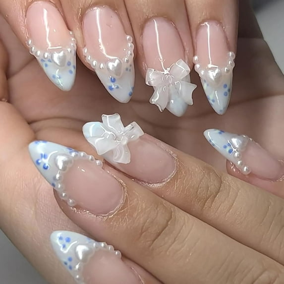 Nails French Tip Press on Nails Medium Almond Fake Nails Baby Blue Dot Designs False Nails 3D Bow & Pearl Nail Charms Glossy Full Cover Acrylic Nails for Women Girls 24 Pcs Artificial Nails Style 39