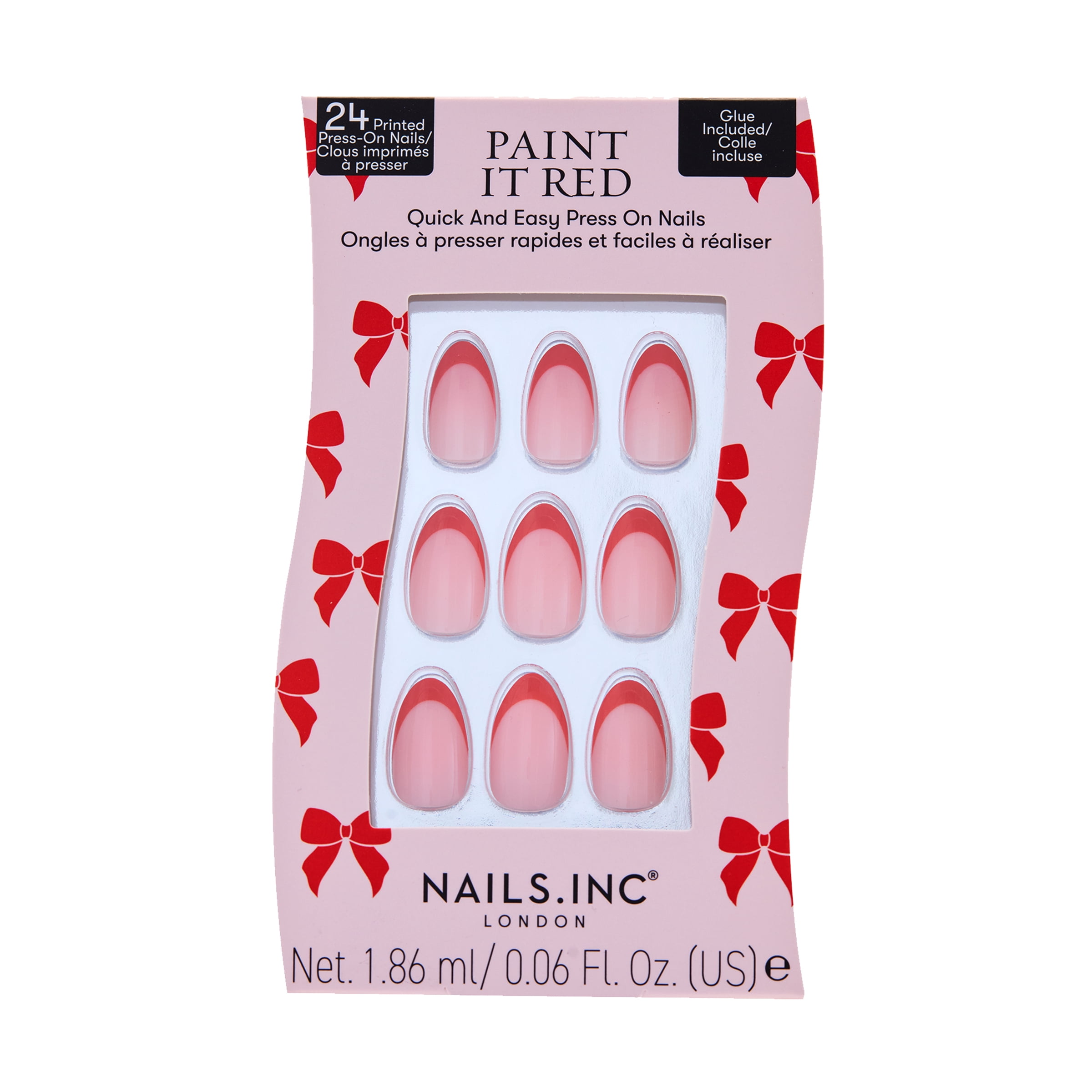 Nails.INC Limited Edition  Paint It Red Quick And Easy Press On Nails, Red French Tip, 25 Piece Gift Set