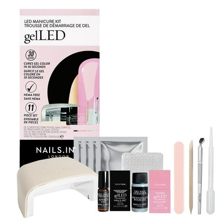 Nails.INC x Sensationail GelLED Gel Nails Manicure Starter Kit with LED Lamp, Pink Chiffon Gel Nail Polish, Manicure Tools, Primer, Base & Topcoat, 32 pieces