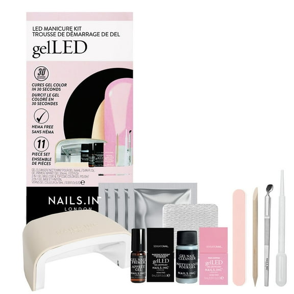 Nails.INC x Sensationail GelLED Gel Nails Manicure Starter Kit with LED Lamp, Pink Chiffon Gel Nail Polish, Manicure Tools, Primer, Base & Topcoat, 32 pieces