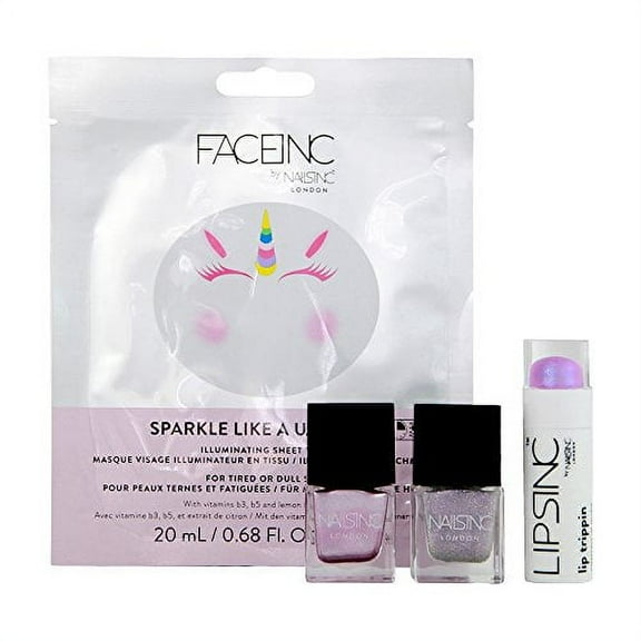 Nails Inc. SPARKLE LIKE A UNICORN Gift Set: Illuminating Mask .68 fl oz, Lip Trippin' Lipstick .18oz, Unicorn Dot Com and Unicorn Vibes Nail Polish .17 fl oz each