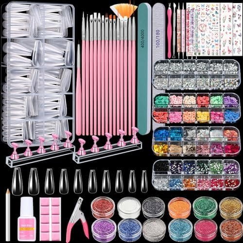 Nails Kit Press Kit with Clear Coffin Tips Display Stand Sequins Sticker Rhinestones Decorations Glue Clay Fine Glitter DIY Art Tool and Supplies
