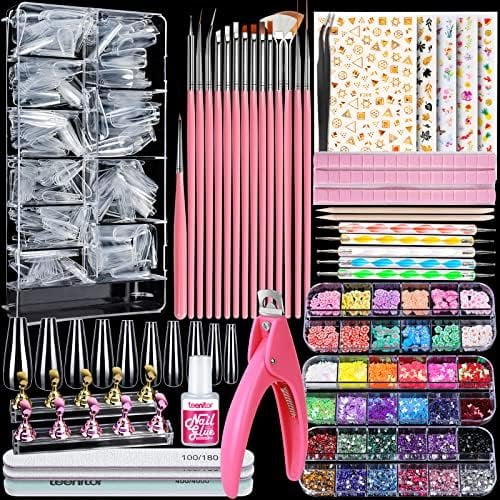 Nails Kit, Press Supplies with Clear Coffin Tips Stand Art Brushes Dotting Pen Glitter Sequins Sticker Rhinestones Decorations Press Nails Kit