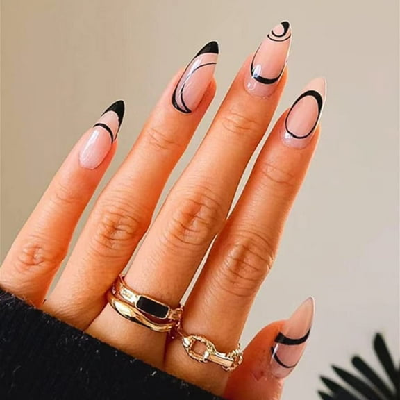 Nails Medium Length Black Abstract Line Fake Nails with Nail Glue Glossy Acrylic False Nails Artificial Fake Nails with Design DIY Manicure Tips for Women 24PCS