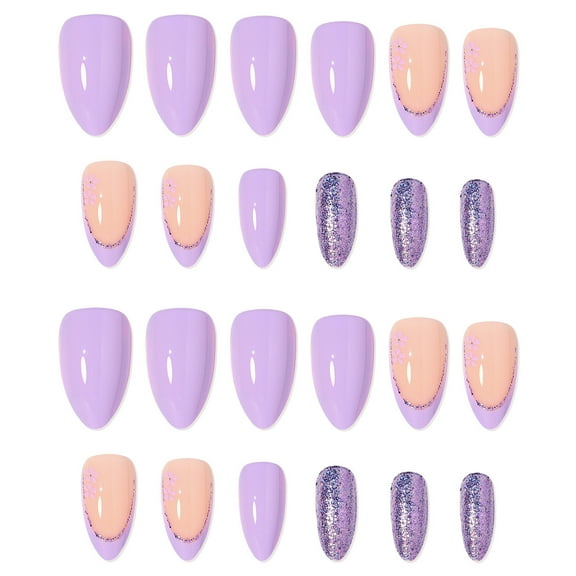 Nails Nail Patch Light Purple Glitter French Style Removable Reusable 24 With Jelly Glue