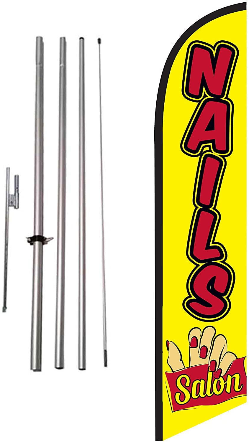 Nails Salon Feather Banner Swooper Flag Set with 15 Foot Flag Pole Kit and Ground Stake Base, Red and Yellow Sign