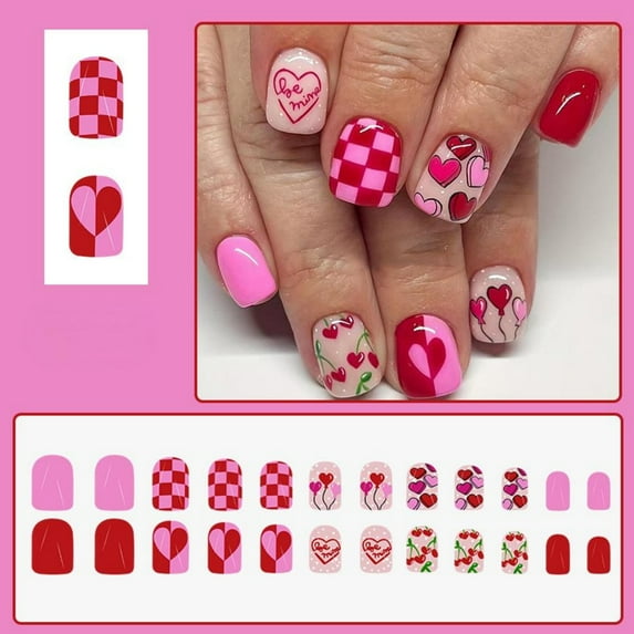 Nails Short Glossy Square Nails Art Heart Design 24 Wearable Nail Decorations for Stylish