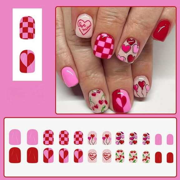 Nails Short Glossy Square Nails Art Heart Design 24 Wearable Nail Decorations for Stylish